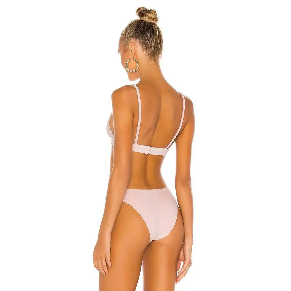 Frankie's Bikinis Claire Unpadded Triangle Terry Bikini Top Baby Pink Large